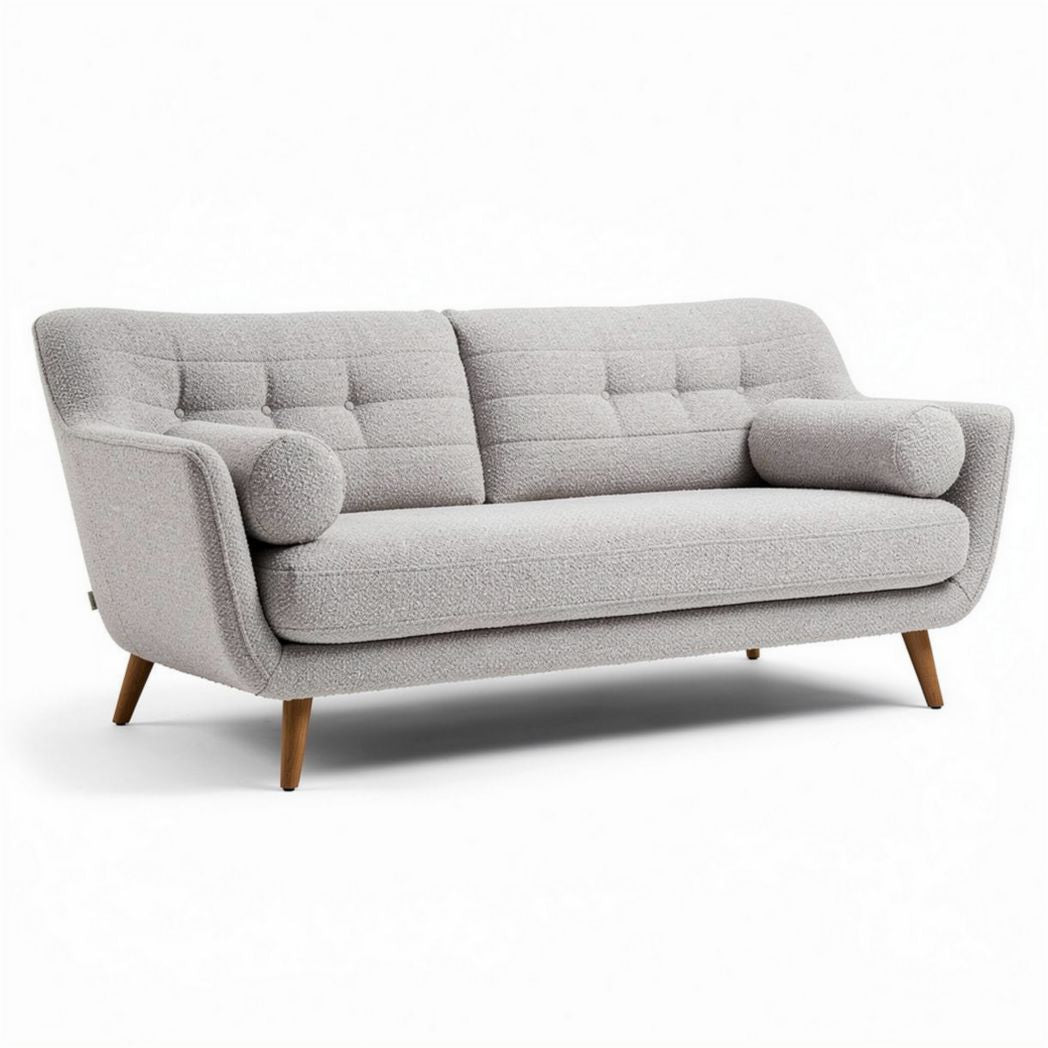 Lichte grijze stoffen bank met houten poten afmetingen 200 x 90 x 85cm