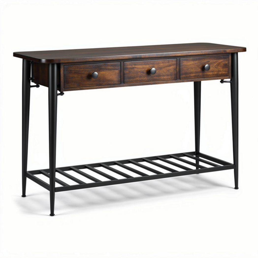 Houten console tafel met drie lades en metalen onderstel 120 x 40 x 80cm