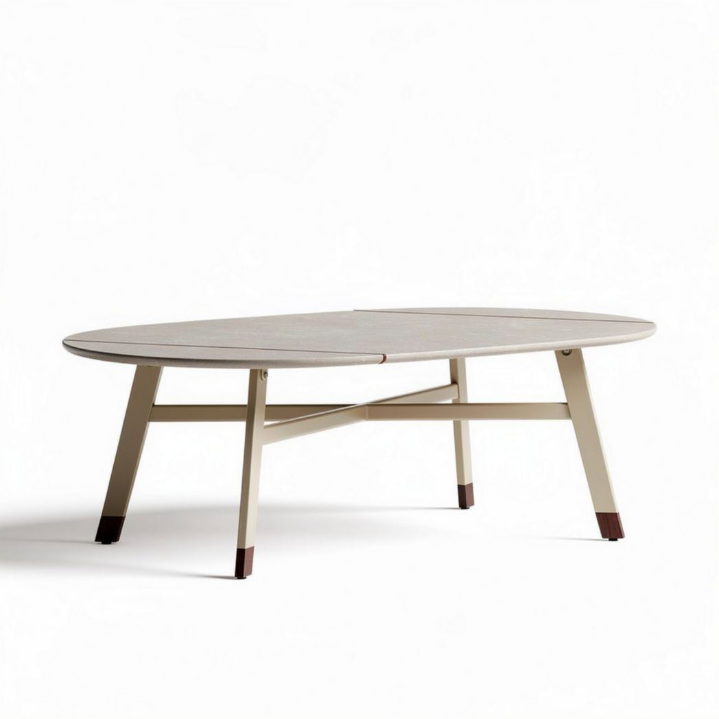 Ovale tafel 150 x 80 x 40cm van staal met een lichte kleur voor buitengebruik