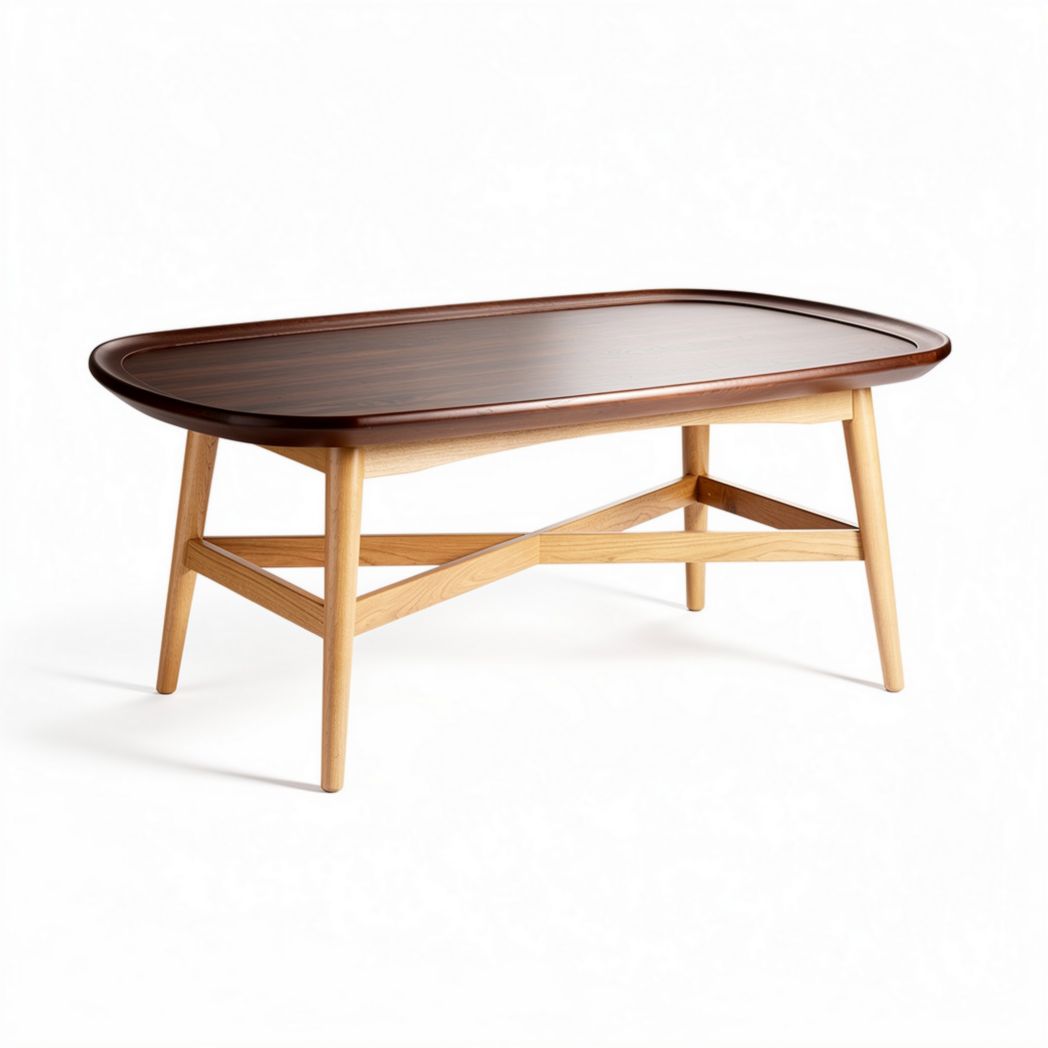 Lichte houten salontafel met ovalen tafelblad van donker hout 120 x 60 x 45cm